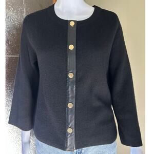 Charter Club Macy's Luxury Cashmere Leather Cardigan Sweater Black Gold Sz Small